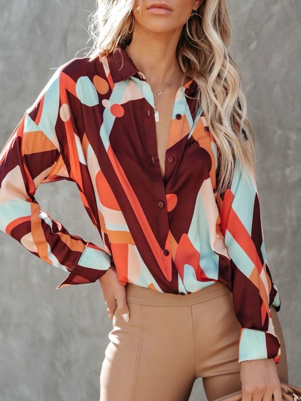 Vici Boho Geo Print Button-Down Blouse